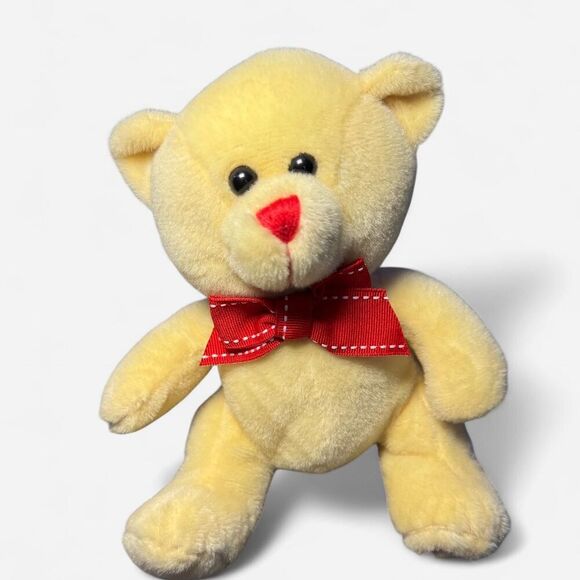 Small Cream Teddy Bear with Red Bow and Heart Embroidered Foot - Picture 2 of 6